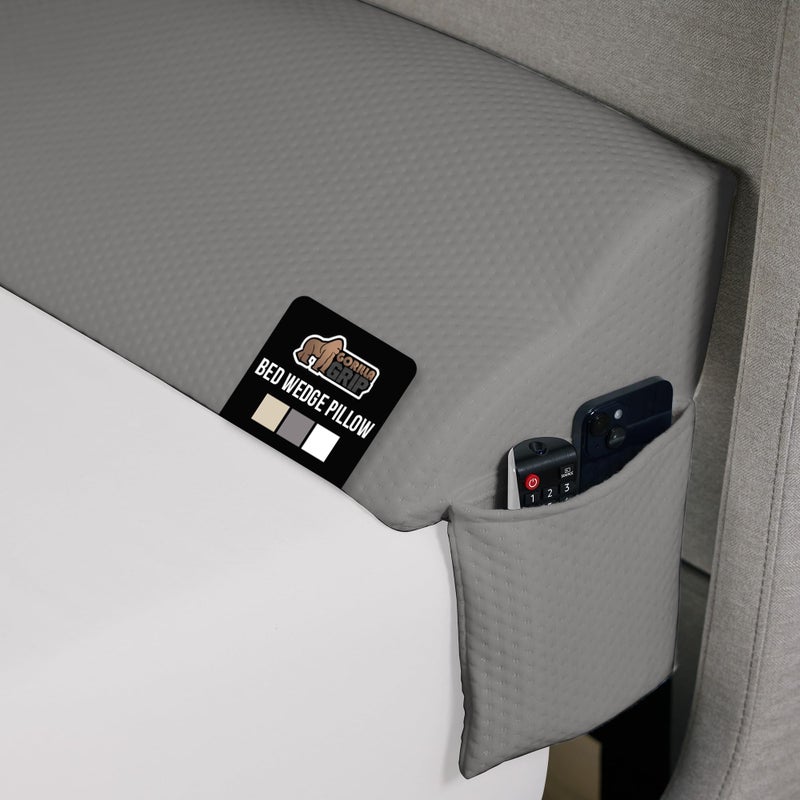 GORILLA GRIP Patent Pending Queen Bed Wedge Pillow Headboard Gap Filler US Designed Comfortable Supportive High Density Foam Pillows Stay in Place Gripping Dots Wedges Between Mattress Soft Gray